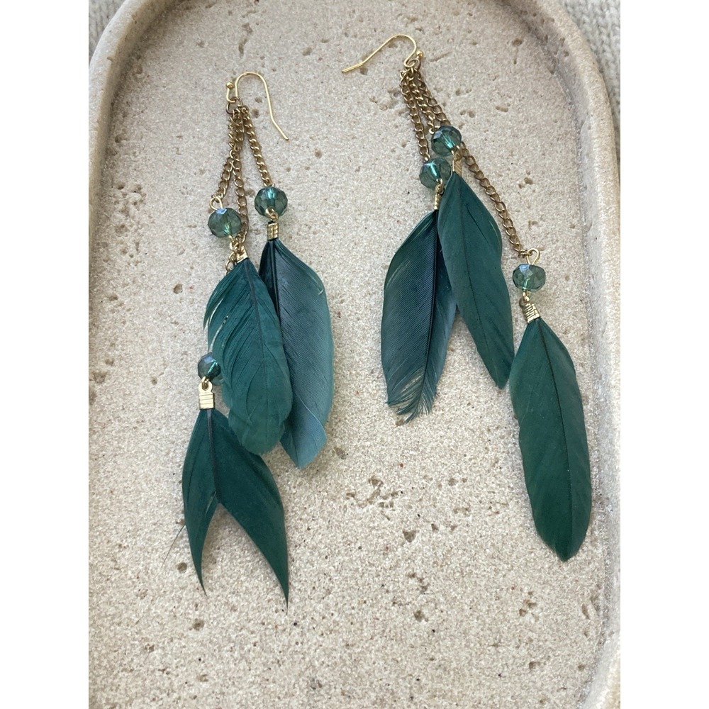 Teal Feather Dangle Earrings Gold Tone Chain Bead Boho Fairy‎ Festival Whimsical